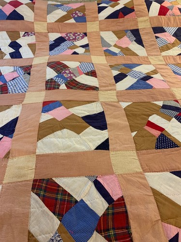Vintage Cotton Patchwork Tan Quilt  87” By 77”