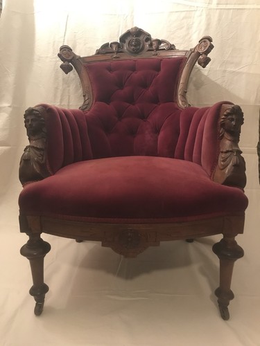 American Renaissance Revival Eastlake Chair With Carved Wood Accents