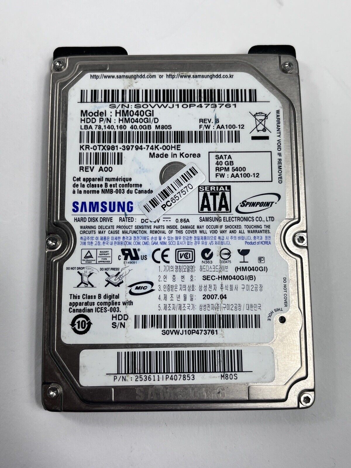 HM040GI Samsung 40GB SATA 2.5in 9.5mm Hard Drive