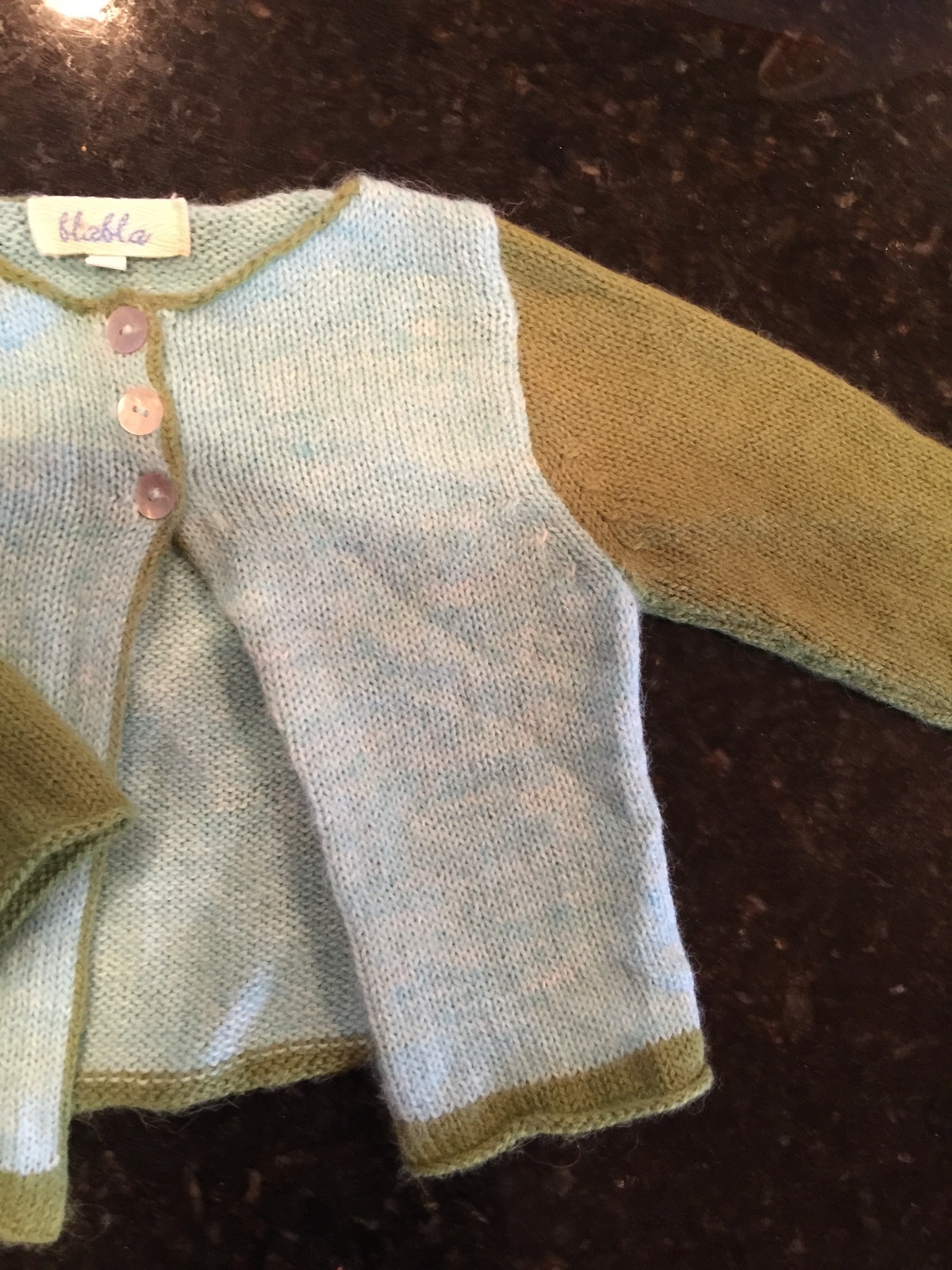Girl size 6  months Blabla wool KNIT cardigan sweater green and blue