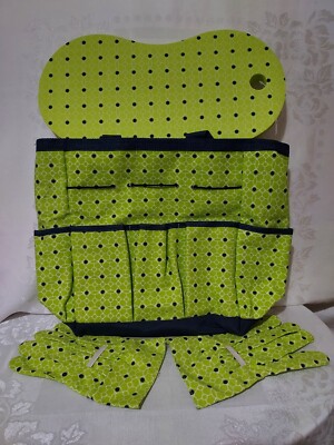 Fashion 3 Piece Set Garden Tool Bag Knee Pad & Gloves Lime Green w/ Blue Dots