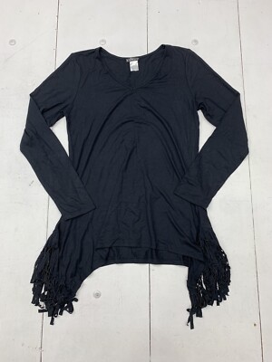 Venus Womens Black Long Sleeve Tassel Hem Shirt Size Medium