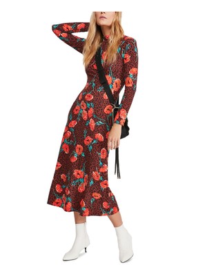 

Женское коричневое платье миди с длинными рукавами и застежкой-петлей FREE PEOPLE, Коричневый