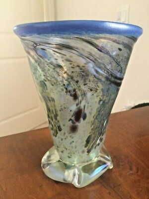Signed DEL MATTO 1997 MODERN IRIDESCENT ART GLASS Blue SWIRL VASE 5Lb 8-1/2'' 
