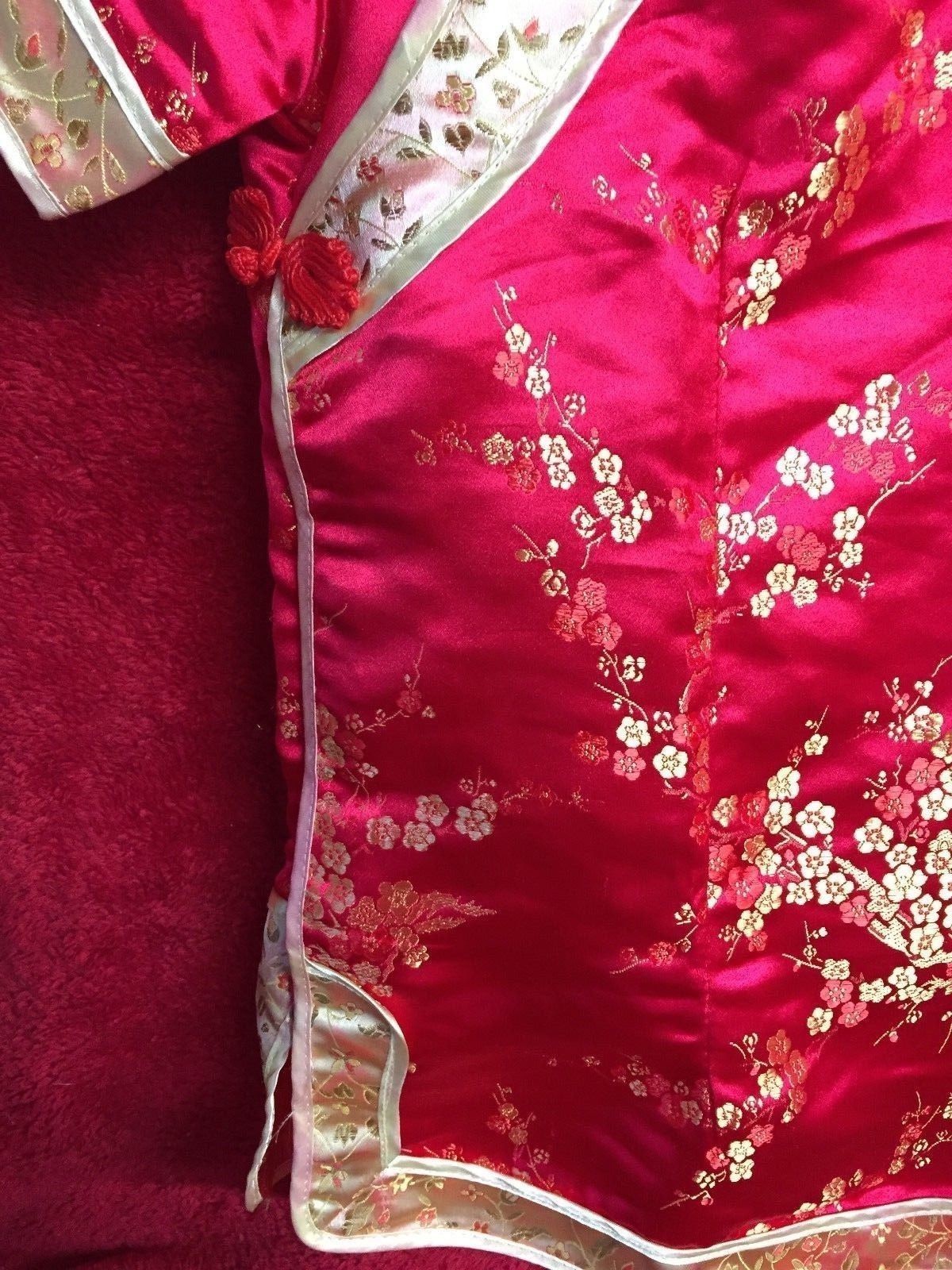 Ladies Size 14 Red & Gold Silk/Satin Chinese Blouse Floral Fringe Asian Style