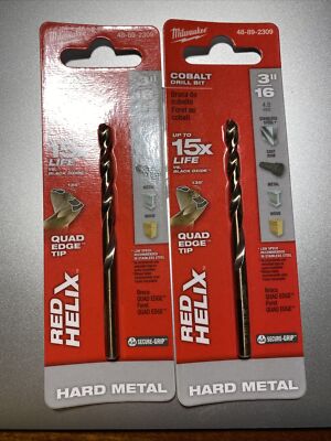 L0t Of 2 Milwaukee 3/16 in. Cobalt Red Helix Drill Bit, Quad Edge Tip,48-89-2309