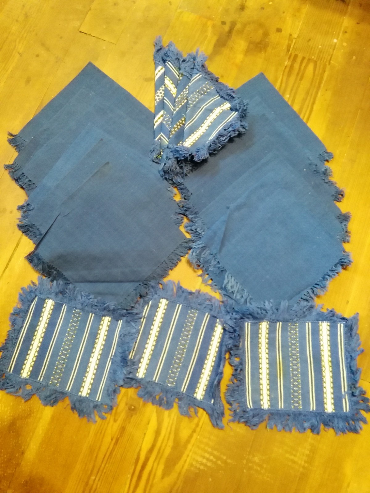 Vintage Hungarian HUNGARY Napkin Set Blue Woven Stripes Solid Lot of 19 Fringe