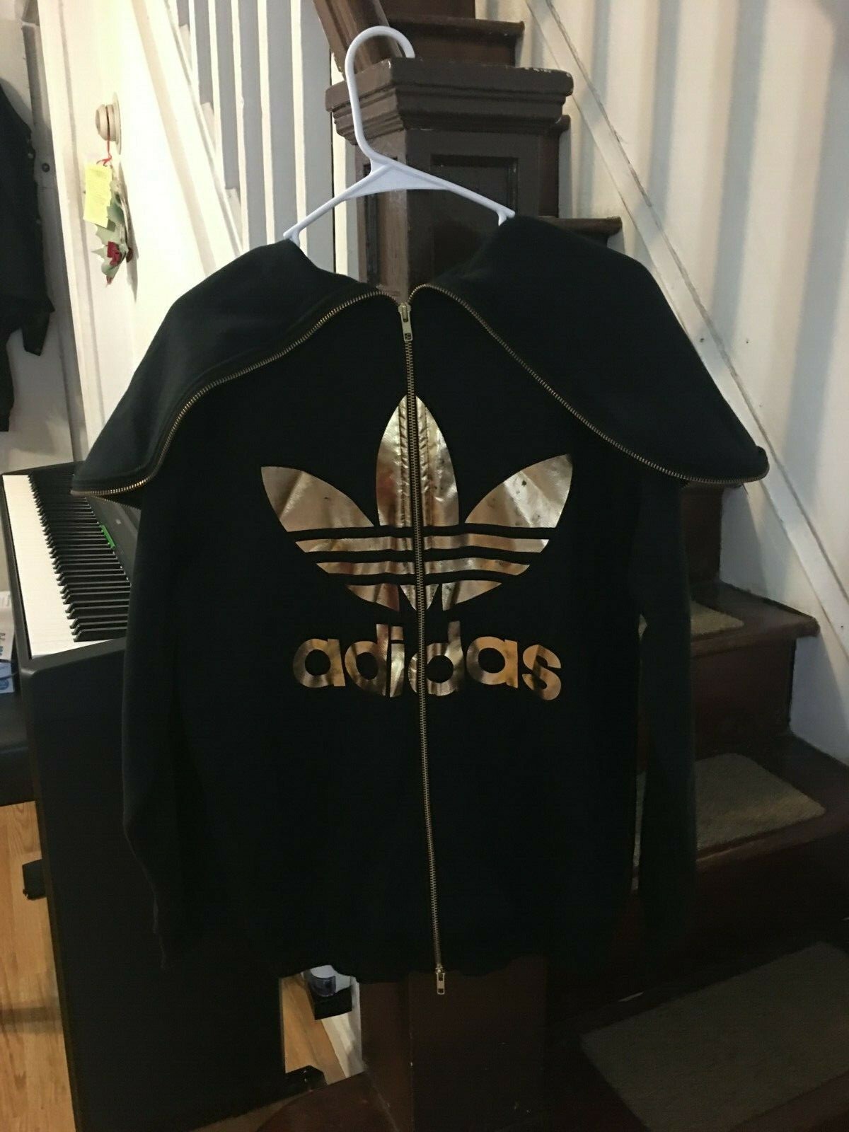 Pre-owned Adidas Originals Jeremy Scott Black/gold Back Zip Hoodie Ac1817,small