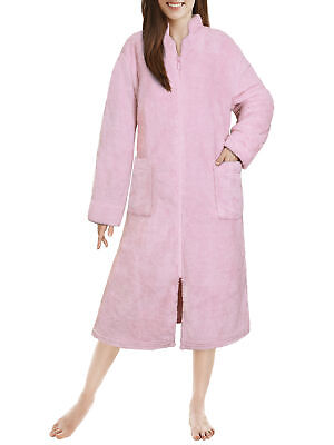 Women Zipper Robe House Coat Fluffy Lounger Front Zip Up Robe Full Length Ladies