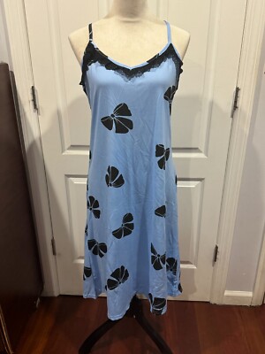 Women Blue w/Black Bows Print Strap Nightgown Sz 2XL 41''L x 19''W