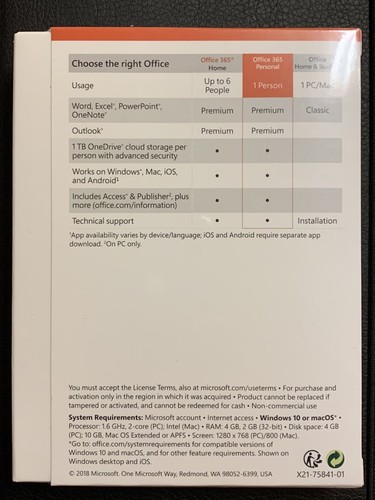 Microsoft Office 365 Personal (1 PC/Mac) 1 Year Subscription SEALED