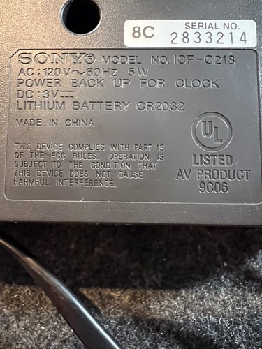Sony ICFC218 Dream Machine Clock Radio (Black) WORKS!!