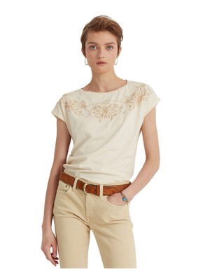 

LAUREN RALPH LAUREN Женская футболка цвета слоновой кости с короткими рукавами и круглым вырезом Petites, Цвет слоновой кости