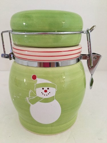Christmas Snowman Canister Ceramic Locking Lid Green Kitchen Crock 6