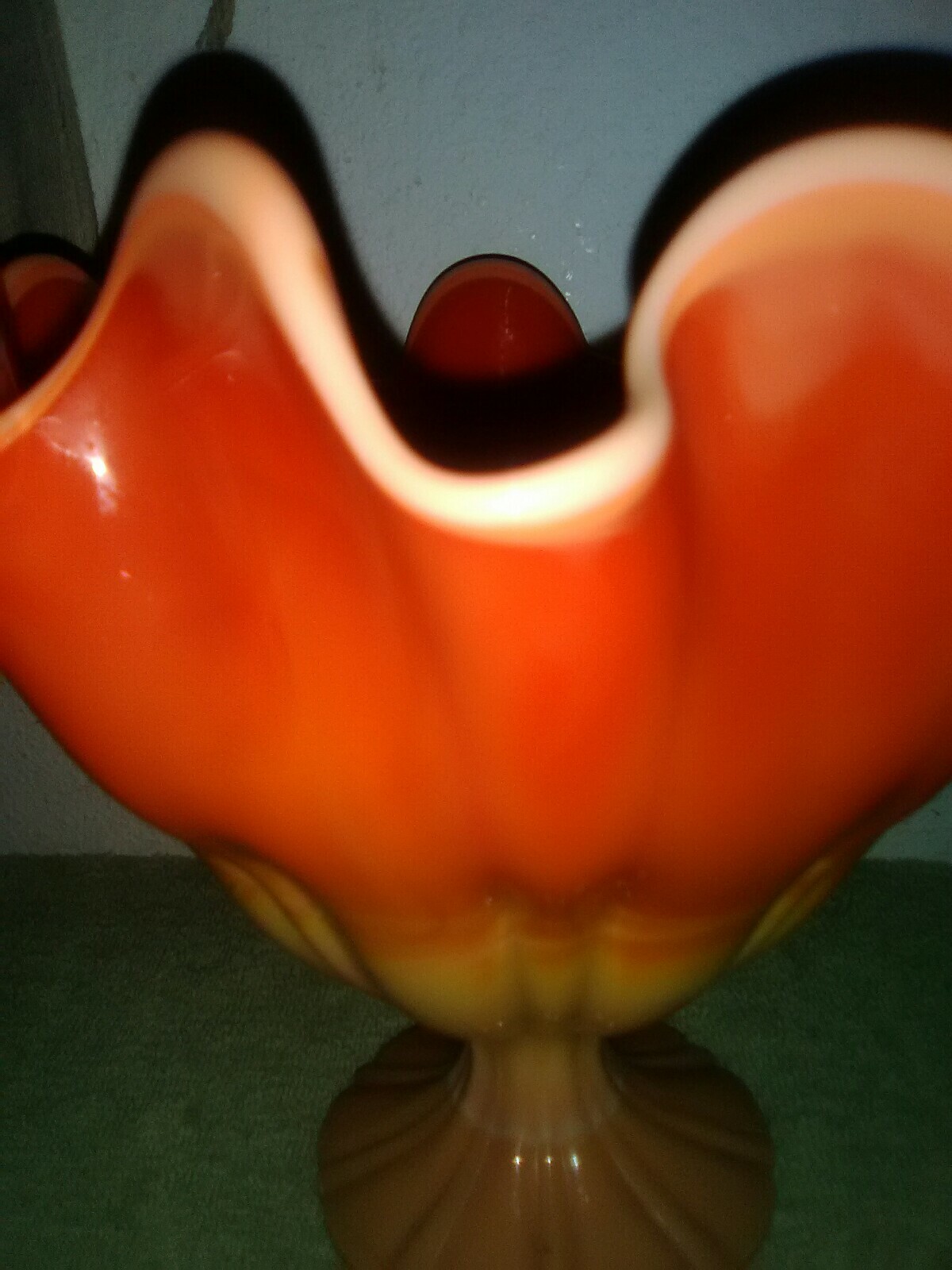 Crimped and Ruffled Art Glass Comport.  Orange and Yellow with White Streaks