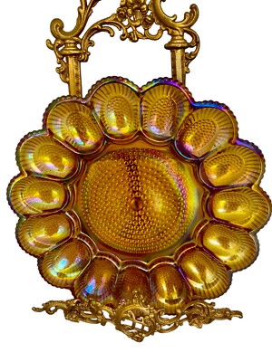 Vintage Indiana Carnival Glass Deviled Egg Dish Plate Iridescent Amber Hobnail