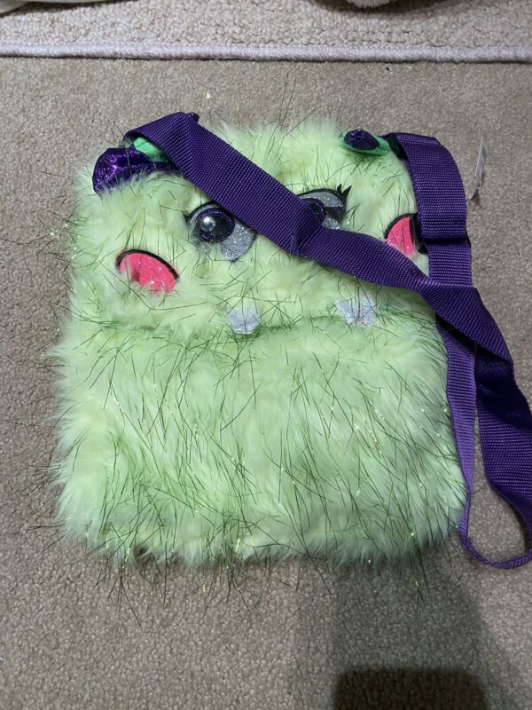 Justice Monster Crossbody Tote Bag Purse Fuzzy Furry Florescent Green NWT