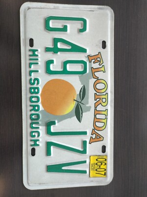 FLORIDA License Plate G49 JZV Hillsborough - Good Cond