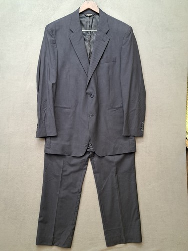 Jos a Bank Mens 2 Piece Suit 46L Pinstripe Navy Blue Wool Pleated Pants 40x33