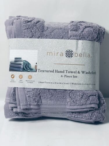 Mira Bella 4pc  Lavender Towel Set, 2 Hand Towel 16x30, 2 Wash Cloth 13x13 - New