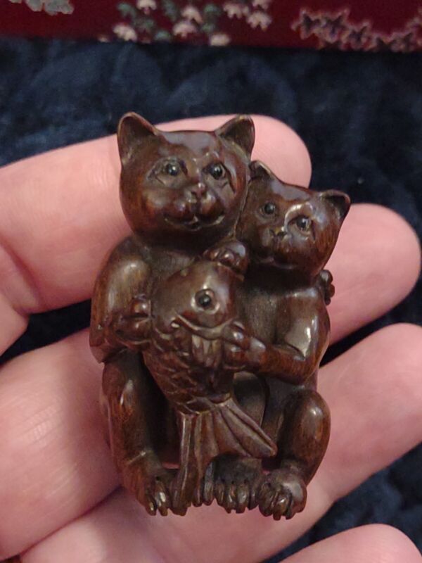 Japanese two cats kittens fish  wood detailed  signed 3" 