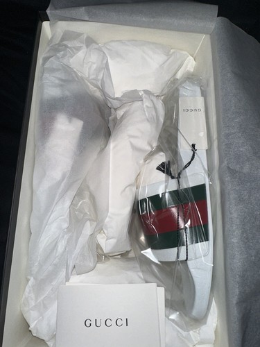 Pre-owned Gucci Men's Signature Stripe Slide Sandals White Size 10, 11, 12 ($400 Retail)
