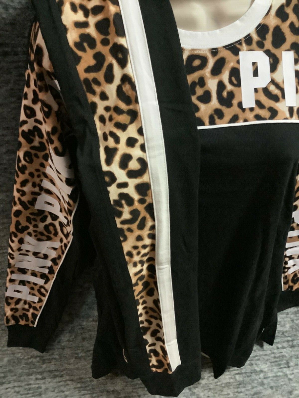 Pre-owned Victoria's Secret Pink Campus Tee Shirt + Leggings Set Black Leopard M L Nip