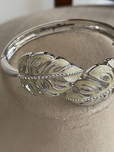 Tommy Bahama Silver Tone Enamel Leaf Hinged Bracelet, Off White w/ Crystals