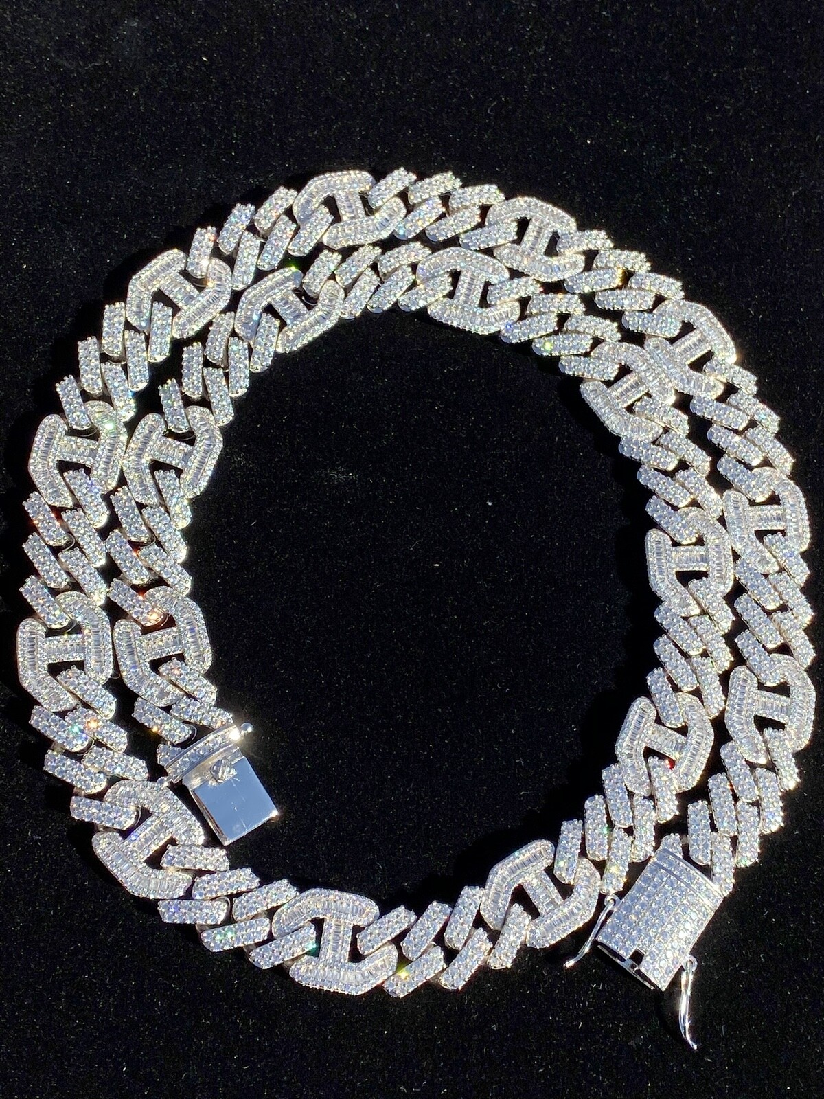 Pre-owned Silver Solid 925  Mens Figarucci Gucci Link Prong Cuban Chain Baguette Cz
