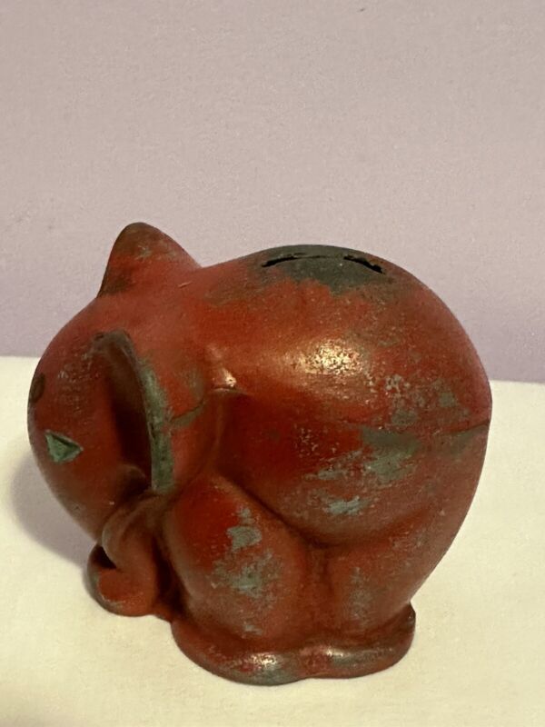 Vintage Cast Metal Red Elephant Still Coin Piggy Bank G.O.P.  4 inch