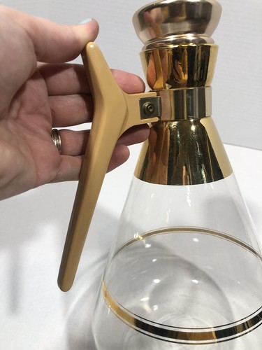 VTG MCM Glass Coffee Pot Carafe 22 Ct. Gold Striped Atomic Age Cork Stopper