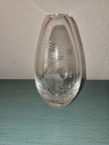 Vintage Kosta Boda Etched Crystal Bud Vase-Fish With Water