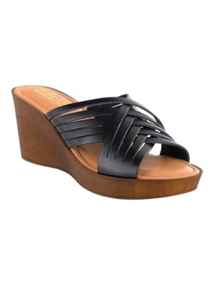 

Женские черные кожаные сандалии без шнуровки на танкетке с открытым носком BELLA-VITA, Черный, CATITALY