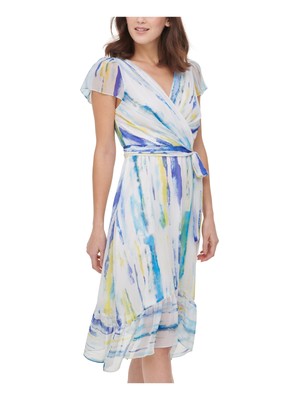 

Платье миди DKNY Womens Blue с поясом и оборками на рукавах-крылышках, Синий