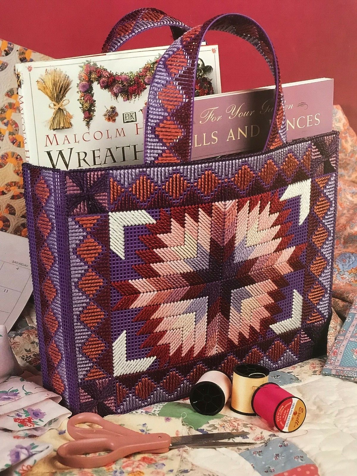 Annies Attic Club Plastic Canvas Patterns Tote Bags/Kitty/Bear/Summertime/School