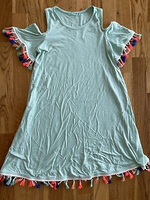 PS Kate Girls size 8-9 Mint Tassel Tunic Top Tee Boutique Cold Shoulder