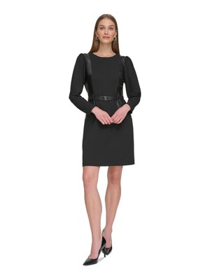 Женское черное платье-футляр DKNY с поясом и отделкой из искусственной кожи с рукавами-пуфиками 10