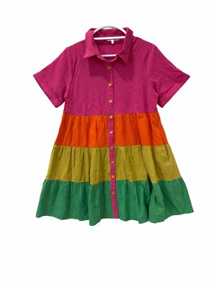 Ces Femme Tiered Ruffle Dress Womens S- M Mini Colorblock Cotton Button Up Short