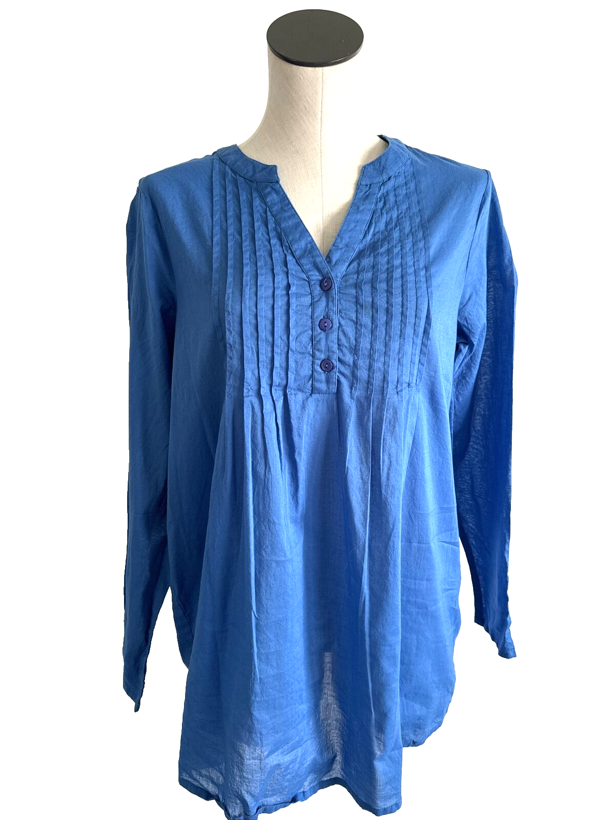 Collections Etc Top Womens Medium Blue Pintuck Pleated 100% Cotton