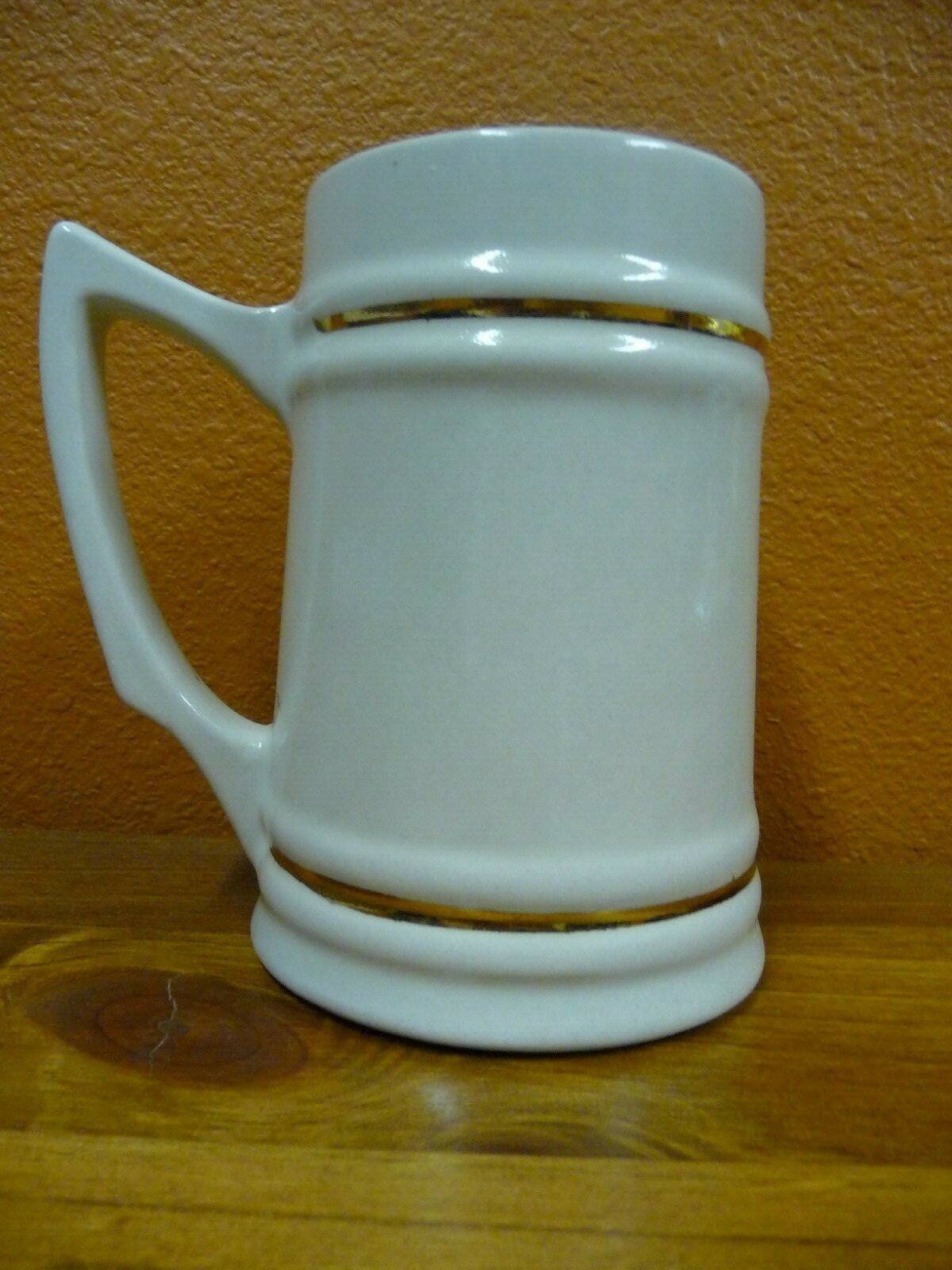 Off White Ceramic Beer Mug Stein With Hand Painted Gold Bands Holds 20 Ounces