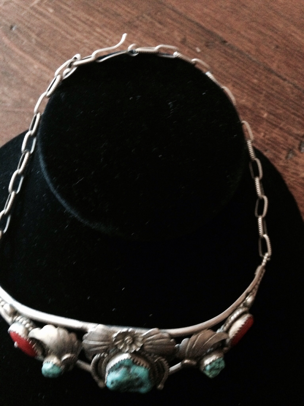 Old Zuni Choker with Natural Turquoise and coral. The sterling chain is hand mad