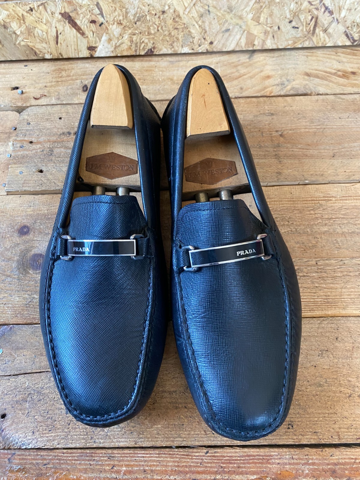 Prada logo horsebit black leather driving loafers uk 9 us 10