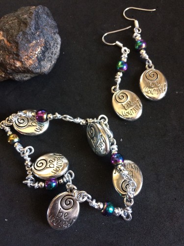 Rainbow Hemaitite Bracelet With “Be Yourself” Charm Plus Bonus Earrings