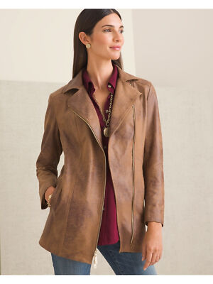 CHICOS Womens Brown Zippered Faux-suede Elongated Lined Motorcycle Jacket 0(46)