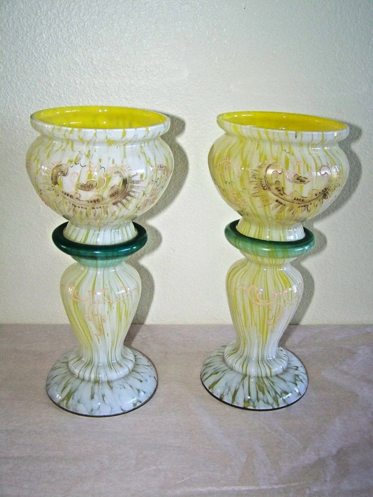 Vintage Or Antique Spatter Glass Vases With Enamel Paint Design