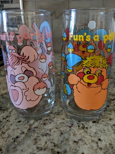 4 Popples Drinking Glass 2 Party, and 1 each P.C.,Puzzle, & Puffball