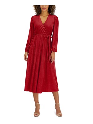 

INC DRESSES Женское красное вечернее платье миди с длинными рукавами и искусственным запахом, Красный