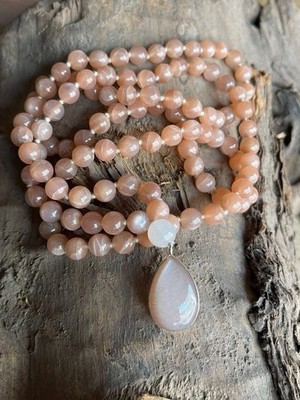 Peach Moonstone Mala with 925 Sterling Silver Peach Moonstone Pendant