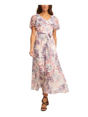 

DKNY Женское синее платье макси с завязками и развевающимися рукавами и V-образным вырезом для работы + расклешенное платье, Синий