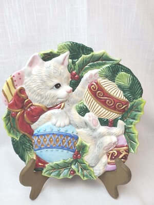Fitz And Floyd Essentials Kitty With Christmas Blubs Plate